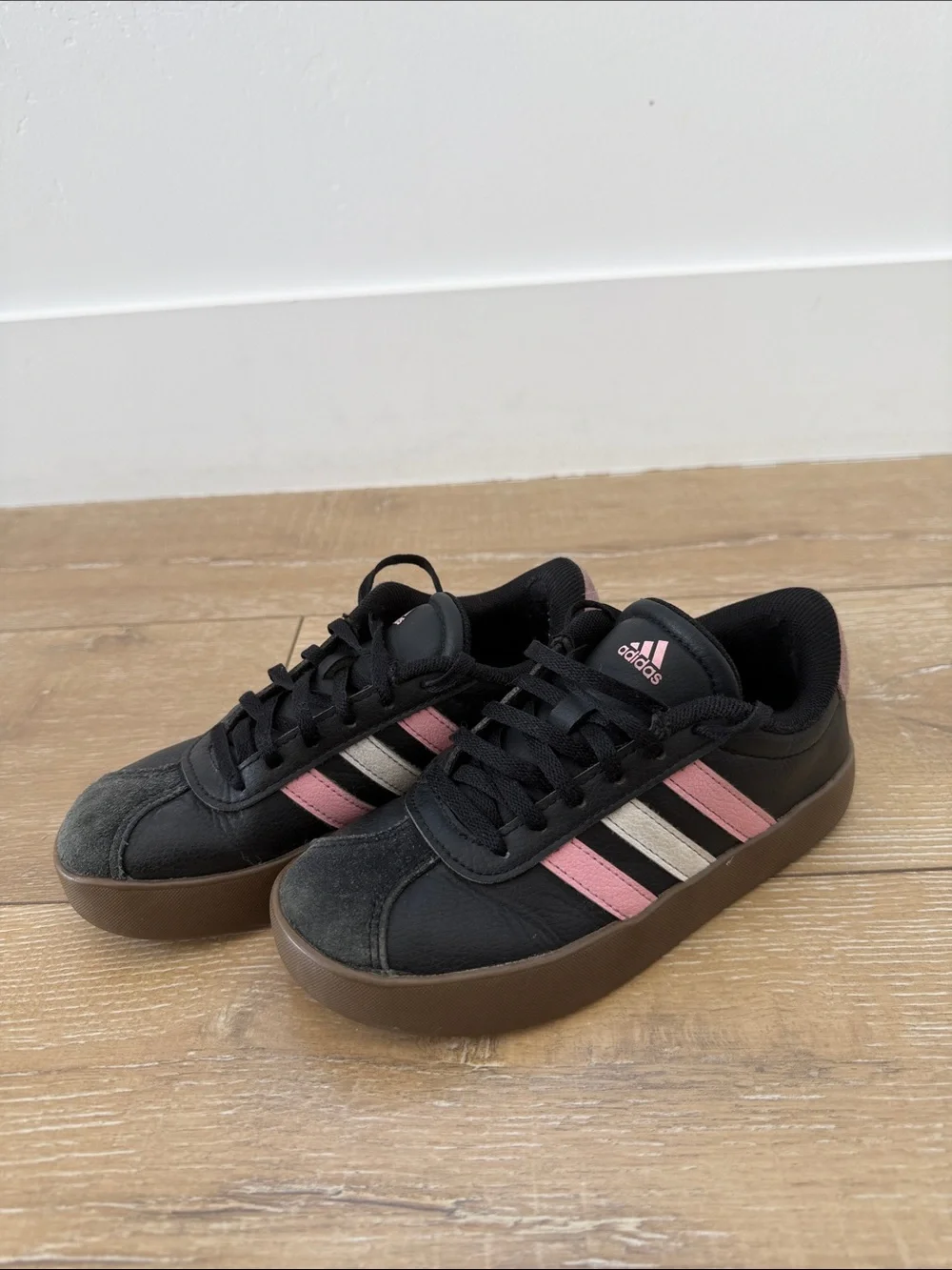 Kids adidas Black Sneakers with Pink & Cream Stripes